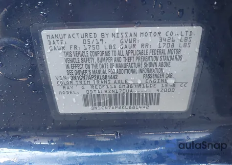 2019 Nissan Versa S/S Plus/Sv from USA, damaged, VIN 3N1CN7AP2KL881442